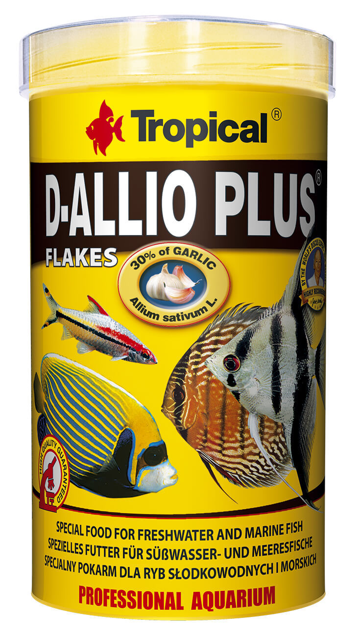 Tropical D-Allio Plus Flakes mit Knoblauch für Diskusfische, 100ml, Nahaufnahme der Flocken im Glas