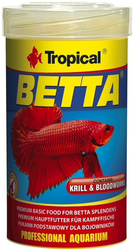 Tropical Betta Fischfutter 100ml für Kampffische und Labyrinthfische, feines Trockenfutter in Packung, Nahaufnahme