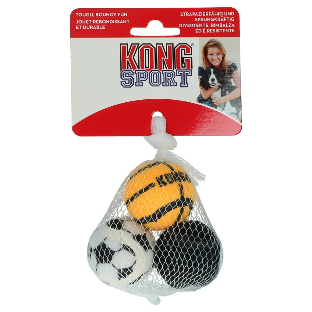 Drei kleine KONG Sport Bälle für Hunde, 4 cm, aus langlebigem Material, ideal zum Apportieren und Spielen.