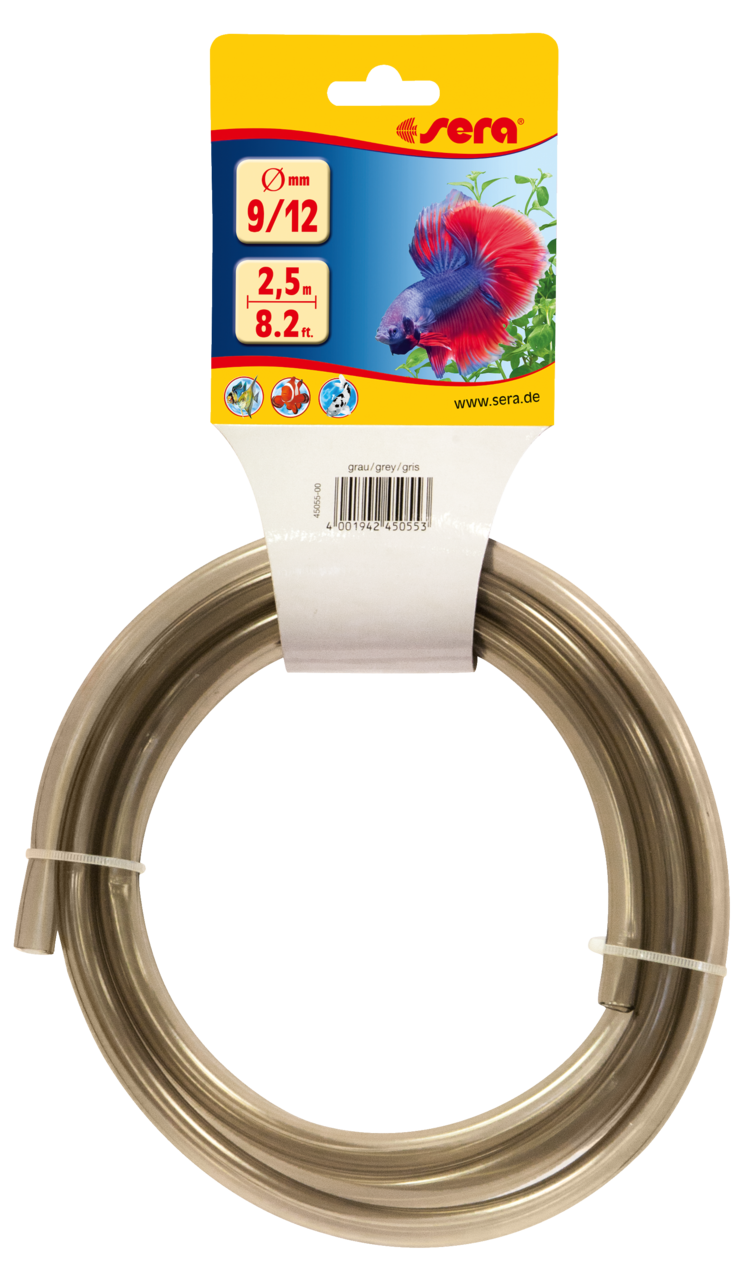 Grauer sera Aquarium-Schlauch 9/12mm, 2,5m lang, für Filter und Pumpen, liegt flach auf transparentem Hintergrund.