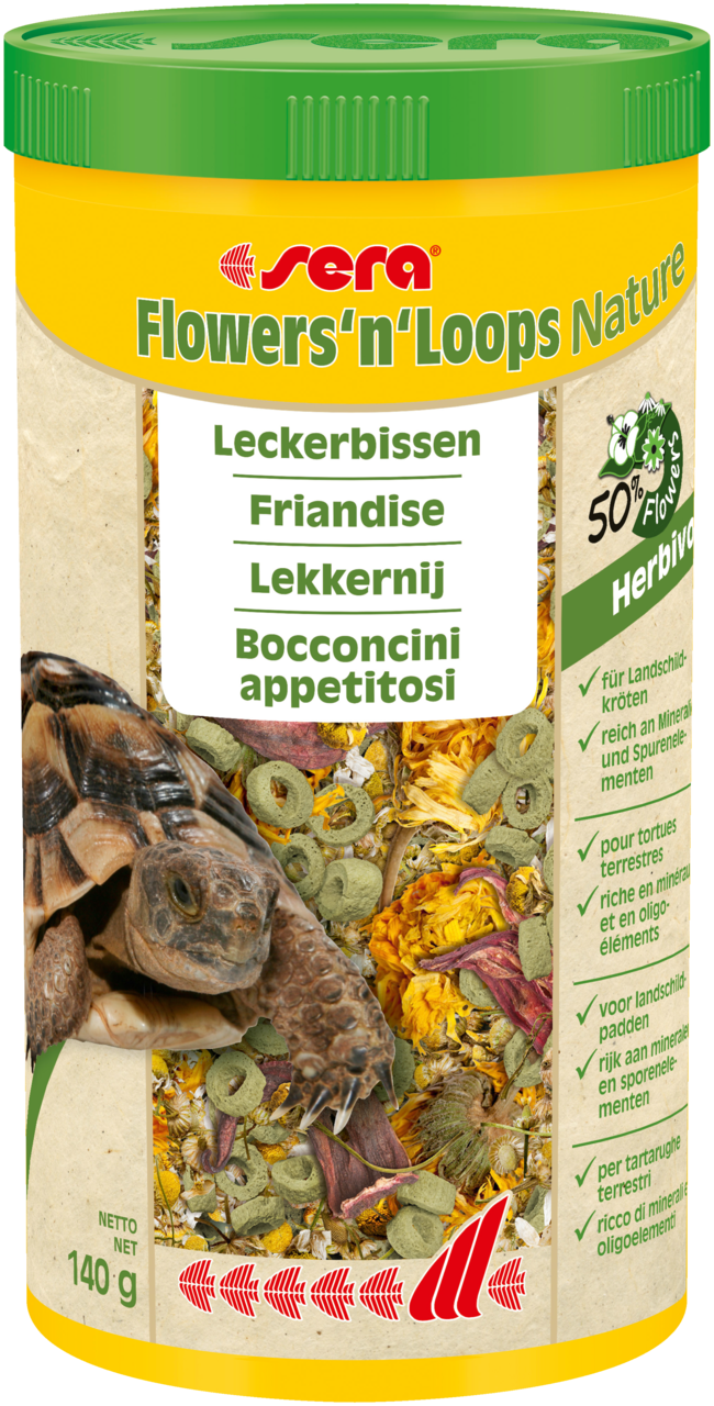 Sera Flowers and Loops Nature 1000ml Schildkrötenfutter mit Blüten und Pflanzen, in einer transparenten Verpackung.