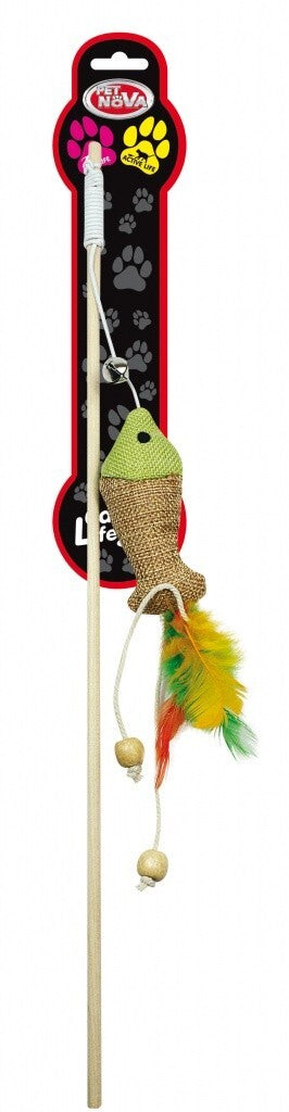 Bunte Katzenangel mit Fisch und Federn, 40cm lang, Pet Nova, Spielzeug zur Beschäftigung für Katzen