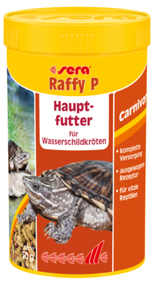 Sera Reptil Raffy P Hauptfutter für Wasserschildkröten, 250ml, hochwertiges Reptilienfutter, Nahaufnahme der Verpackung