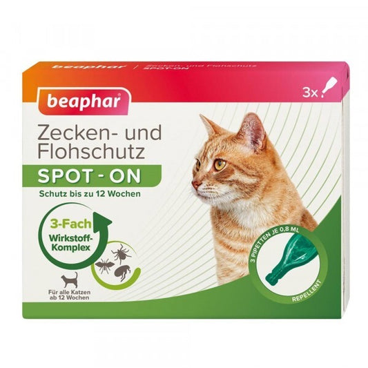Beaphar Zecken- und Flohschutz Spot-On für Katzen, 3 x 0,8 ml, ab 12 Wochen, Anwendung auf dem Fell sichtbar