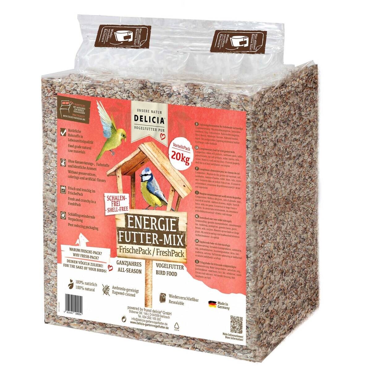 Delicia Energie Futter Mix 20kg für Wildvögel, schalenfrei, ganzjährig, sichtbarer Vogelfutter-Mix in einer Schale