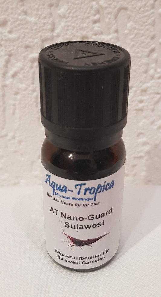 Aqua-Tropica Nano-Guard Sulawesi Wasseraufbereiter für Sulawesi Garnelen, Flasche mit 10 ml, detaillierte Produktverpackung.