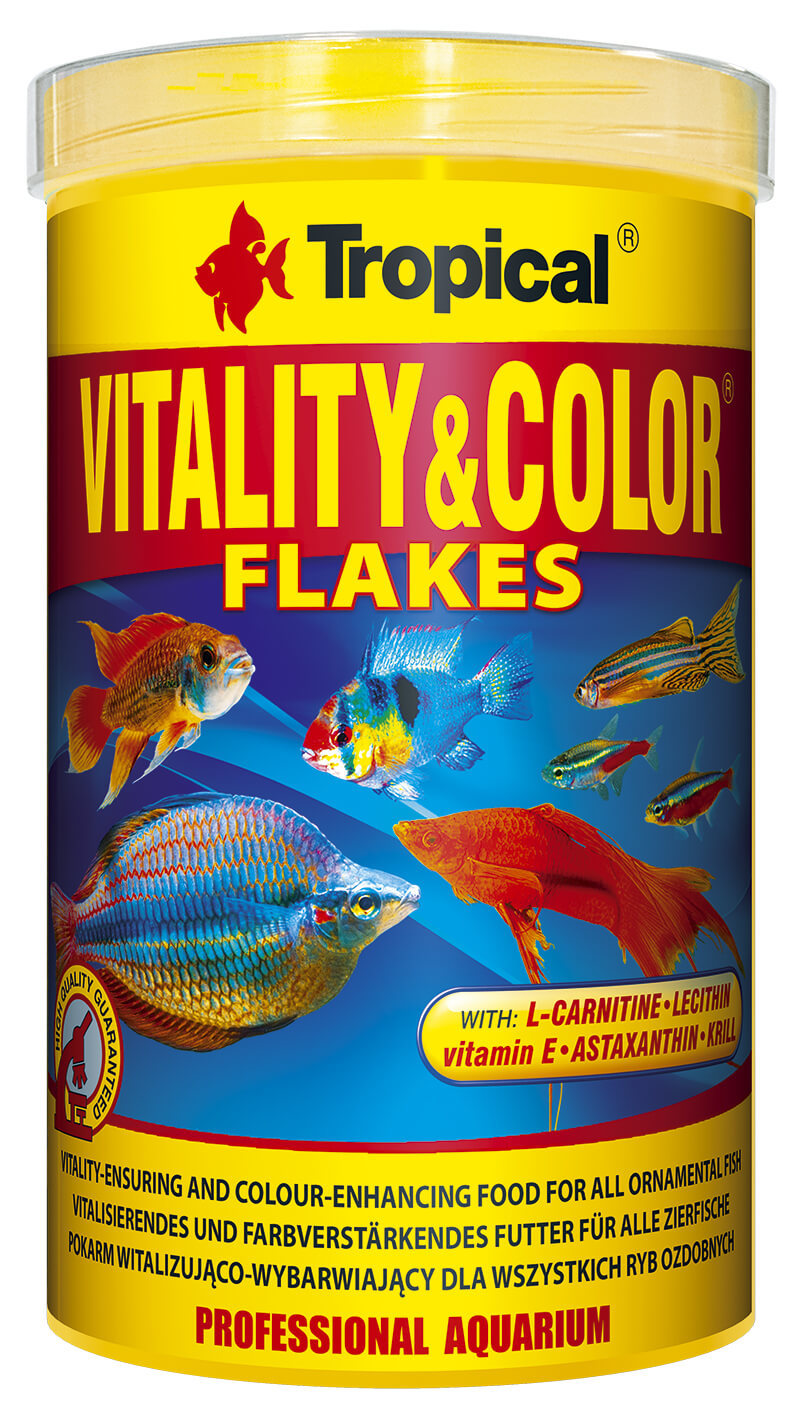 Bunte Flockenfutter von Tropical, Vitality & Color Flakes für Vögel, in 100ml Verpackung, mit Farbverstärkern und Nährstoffen.