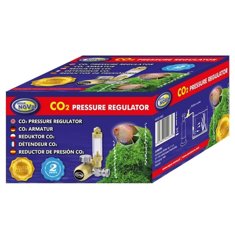 Aqua Nova Co2 Präzisionsdruckregler in Gold, detaillierte Ansicht des hochwertigen Druckreglers für Aquarien.