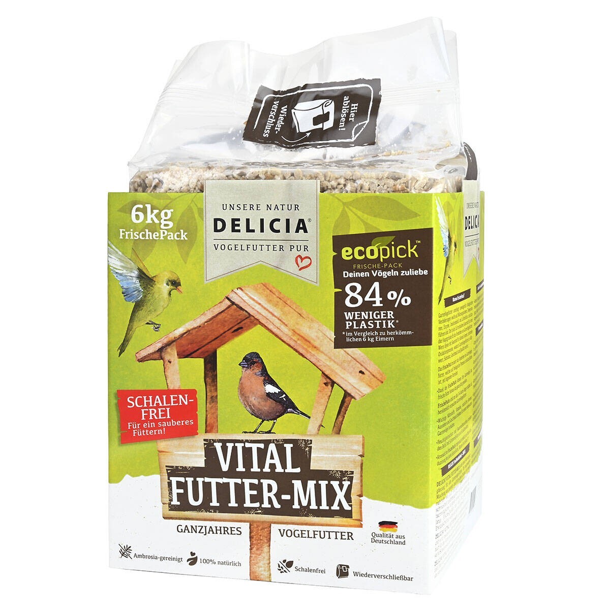 Delicia Vital Futter-Mix 6kg, schalenfreies Vogelfutter für Wildvögel, ganzjährig, abwechslungsreiche Saatenmischung, natürliche Vogelfütterung