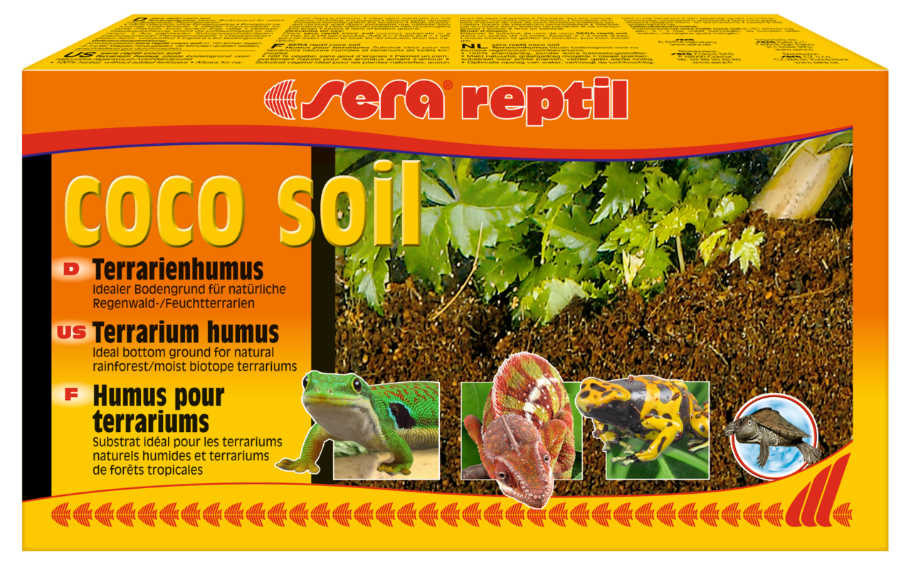 Sera Coco Soil Terrarienhumus, natürlicher Bodengrund für Regenwald-Terrarien, zeigt feuchte, braune Kokoserde mit Pflanzen.