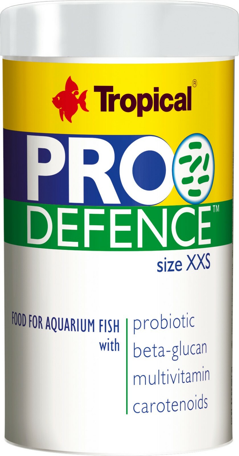 Tropical Pro Defence Futter für Jungfische, 100ml, mit Probiotikum, in kleiner XXS-Größe, zeigt die Futterdose und Fische.