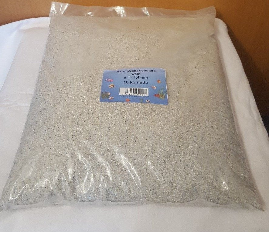 Weißer Aquariensand, 10kg, mit Körnung 0,4-1,4mm, natürlicher Bodengrund für Aquarien, ohne Markenangabe
