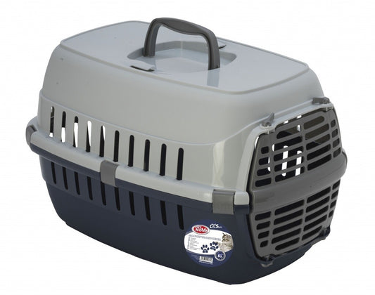 Blaue Kunststoff-Transportbox für Katzen von Pet Nova, 48,5 cm mit Tür, ideal für Autotransport und Reisen mit Haustieren.