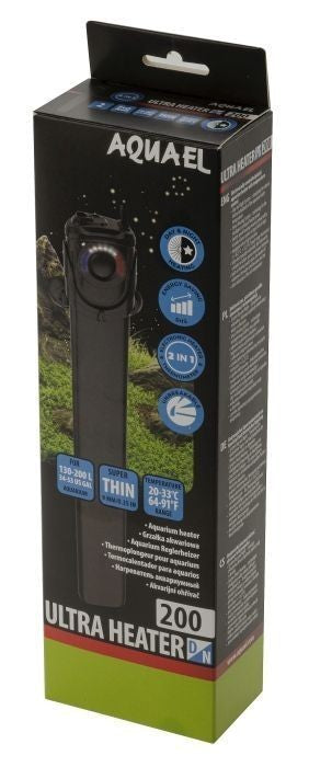 Aquael Ultra Heater Day&Night 200W Heizer im Aquarium, Heizstab für 200 Liter, geeignet für Schildkröten, zeigt das Gerät im Einsatz