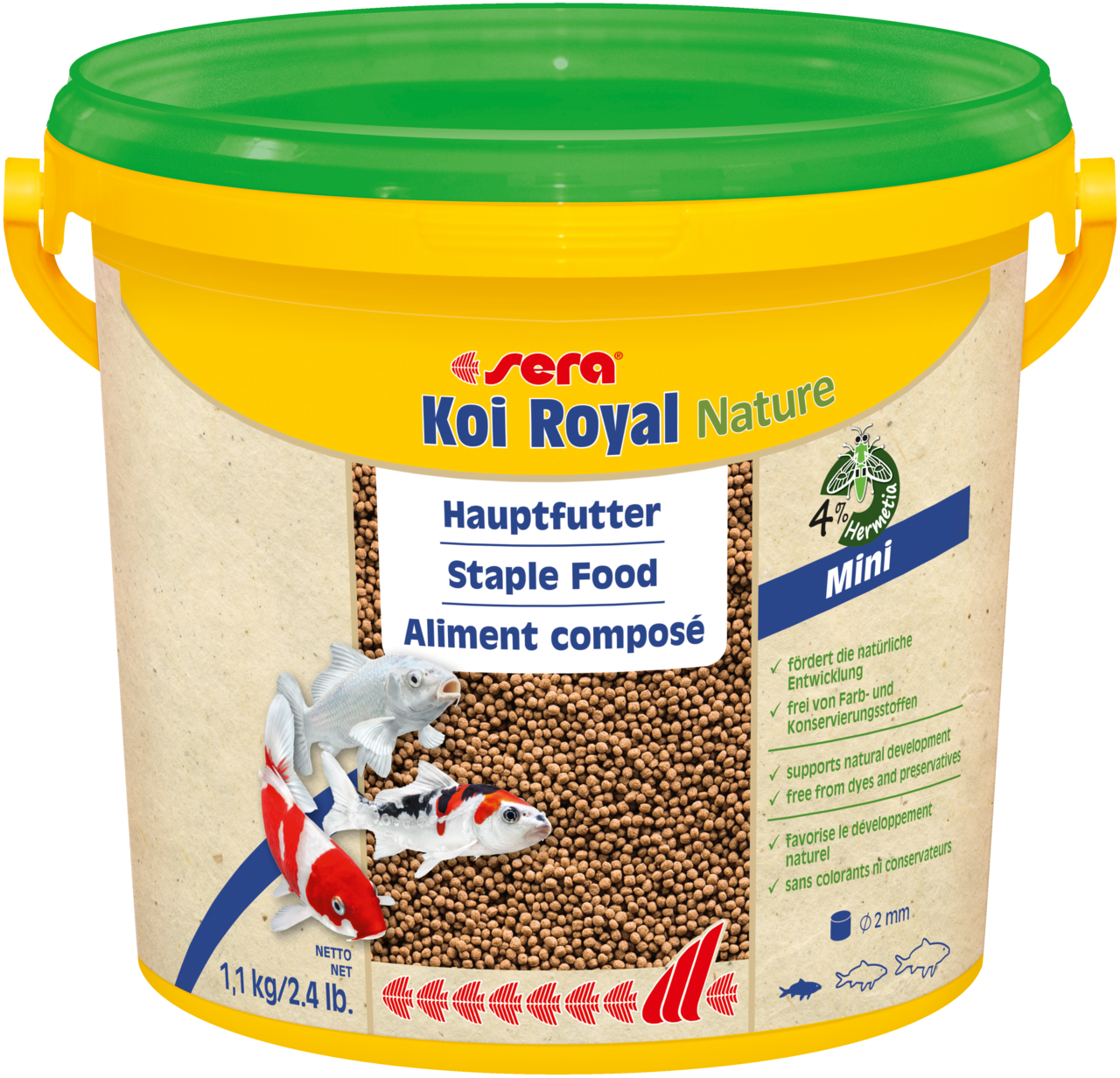 Sera Koi Royal Mini Nature Hauptfutter für kleine Koi bis 12cm, 3800ml, in einem offenen Futtersack, mit Futterkörnern.