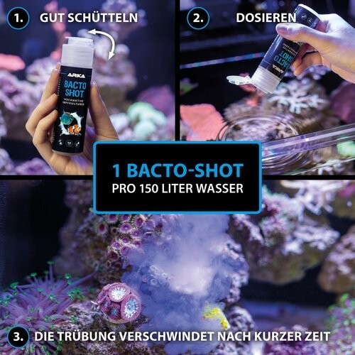 ARKA Bacto Shot 50ml Hochaktive Bakterien für Süß- und Meerwasseraquarien, zeigt die Flasche und Aquarium-Umgebung.