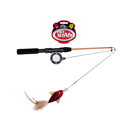 Bunte Katzenangel mit Fisch und Federn von Pet Nova, bietet Beschäftigung und Spiel für Katzen, mit Teleskopstange und beweglichem Spielzeug