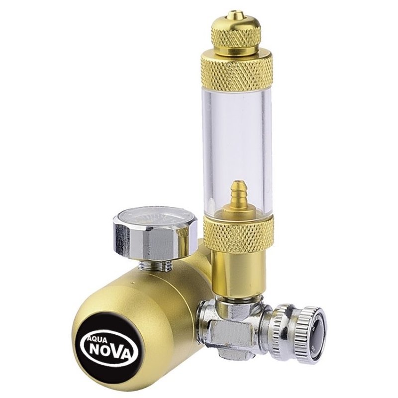 Aqua Nova CO2 Präzisionsdruckregler in Gold, detaillierte Ansicht des hochwertigen Aquarium-CO2-Reglers