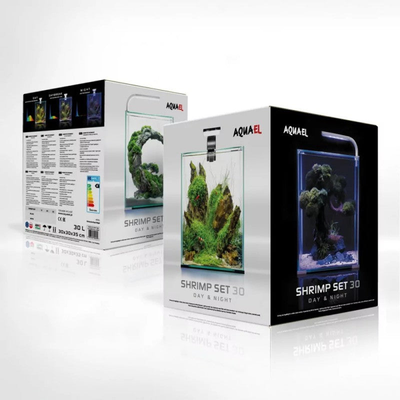 Aquael Garnelen-Set für Nano-Aquarium, 30 Liter, schwarzes Aquarium mit Tages- und Nachtbeleuchtung, Maße 29x29x35cm
