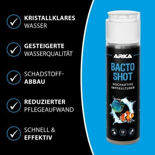 ARKA Bacto Shot 50ml mit hochaktiven Bakterienkulturen für Süß- und Meerwasseraquarien, Flasche mit Dosierbehälter sichtbar