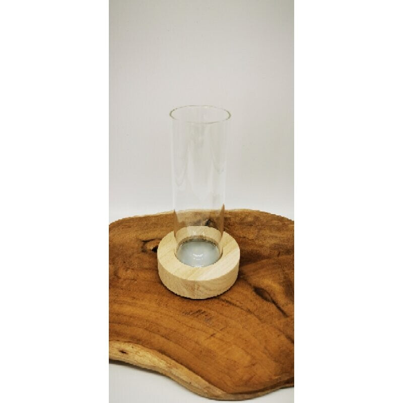 Kleines Pflanzenterrarium mit Holzfuß und LED-Beleuchtung, Durchmesser 8,5cm, Höhe 17cm, dekoratives Pflanzenaccessoire