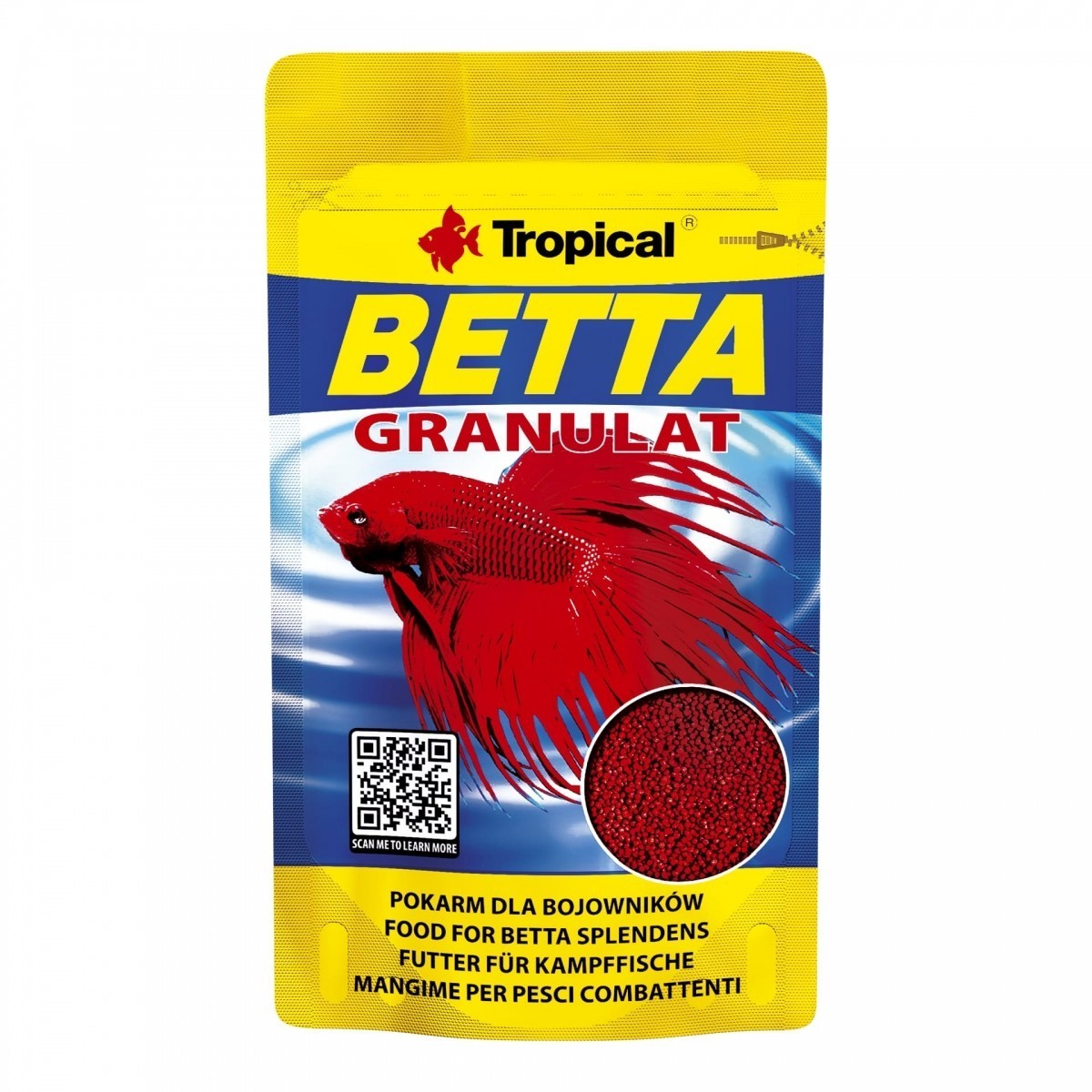 Tropical Betta Granulat 10g, granuliertes Hauptfutter für Kampffische im Aquarium, zeigt das Futter in der Verpackung.