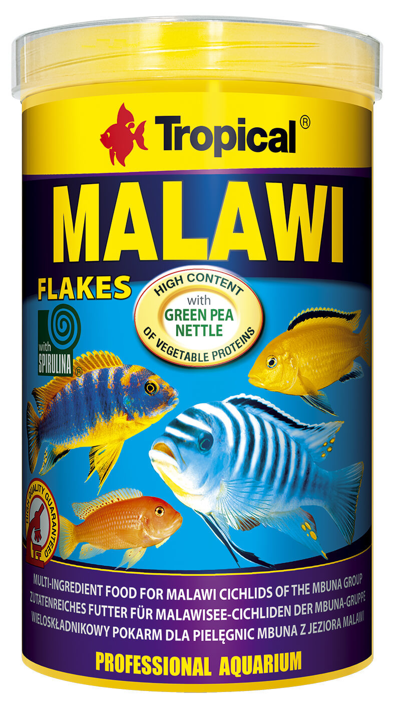 Tropical Malawi Flakes, Futter für Malawisee-Cichliden, 250ml, mit nährstoffreichen Zutaten, Nahaufnahme der Fischfutter-Box