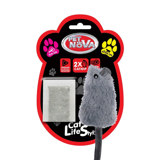 Graues Katzen Aktiv-Spielzeug Maus von Pet Nova mit zwei Minzbeuteln, zum Spielen und Anregen für neugierige Katzen.