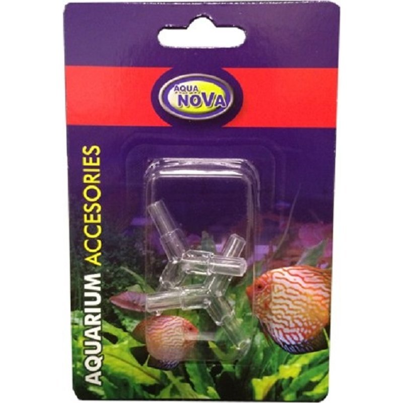 Aqua Nova 3-Wege Luftverteiler für Aquarium, doppelt im 2er Pack, zeigt Anschlussstücke und Luftschläuche an einer Membranpumpe