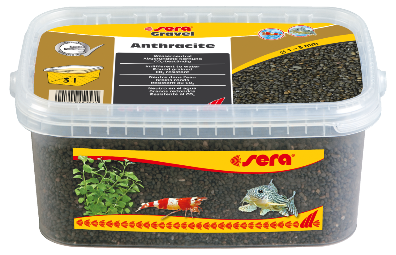 Sera Kies Anthrazit 3L, abgerundeter Aquarienboden aus dunklem Kies für Aquariumdekoration und Bodengrund.