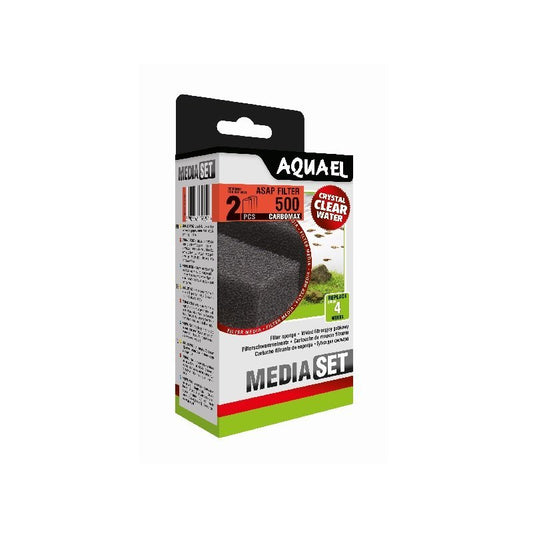 Aquael Media Set ASAP 500 Carbomax Ersatzfilterschwamm für Aquariumfiltration, schwarzer Schwamm mit Filtermedien in Verpackung