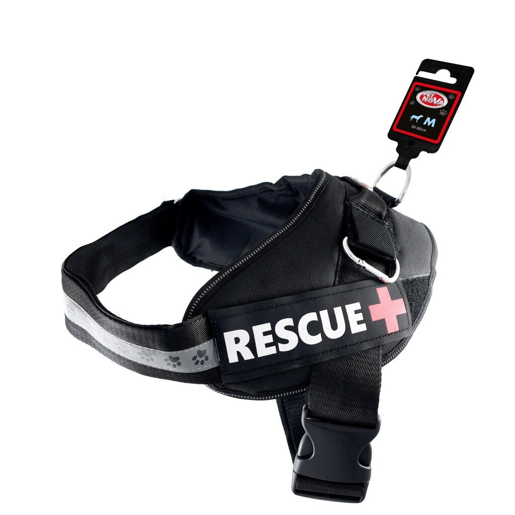 Schwarzes Nylon-Rescue+ Hundegeschirr von Pet Nova, verstellbar, für Hunde mit 55-65cm Halsumfang, bequemes Hundezubehör