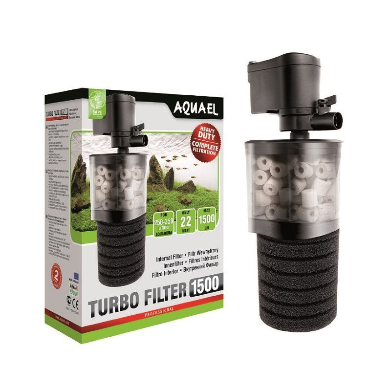Aquael Turbo Filter 1500 für Aquarien, langlebiger Turbofilter mit Durchlüftungsfunktion, zeigt den laufenden Filter in einem Aquarium.