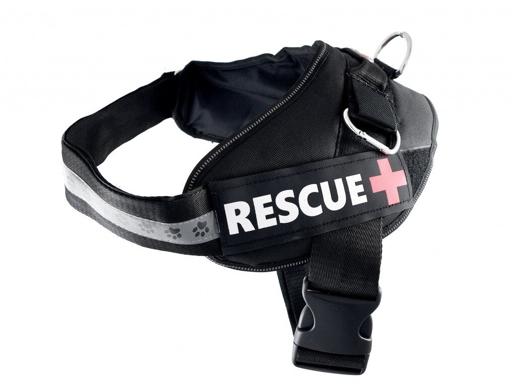 Schwarzes Nylon-Hundegeschirr Rescue+ von Pet Nova, verstellbar für mittelgroße Hunde, 55-65cm.