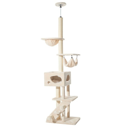 Großer Nobby Katzen Kratzbaum "Sivas" in Creme, mit Spielplatz, Kratzflächen, Katzenbett und mehreren Etagen für Katzen.
