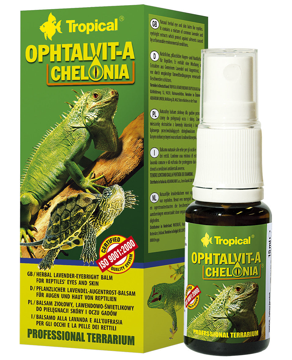 Tropical Ophtalvit-A Chelonia Flasche mit 15ml pflanzliches Augenschutz- und Hautpflegeprodukt für Reptilien