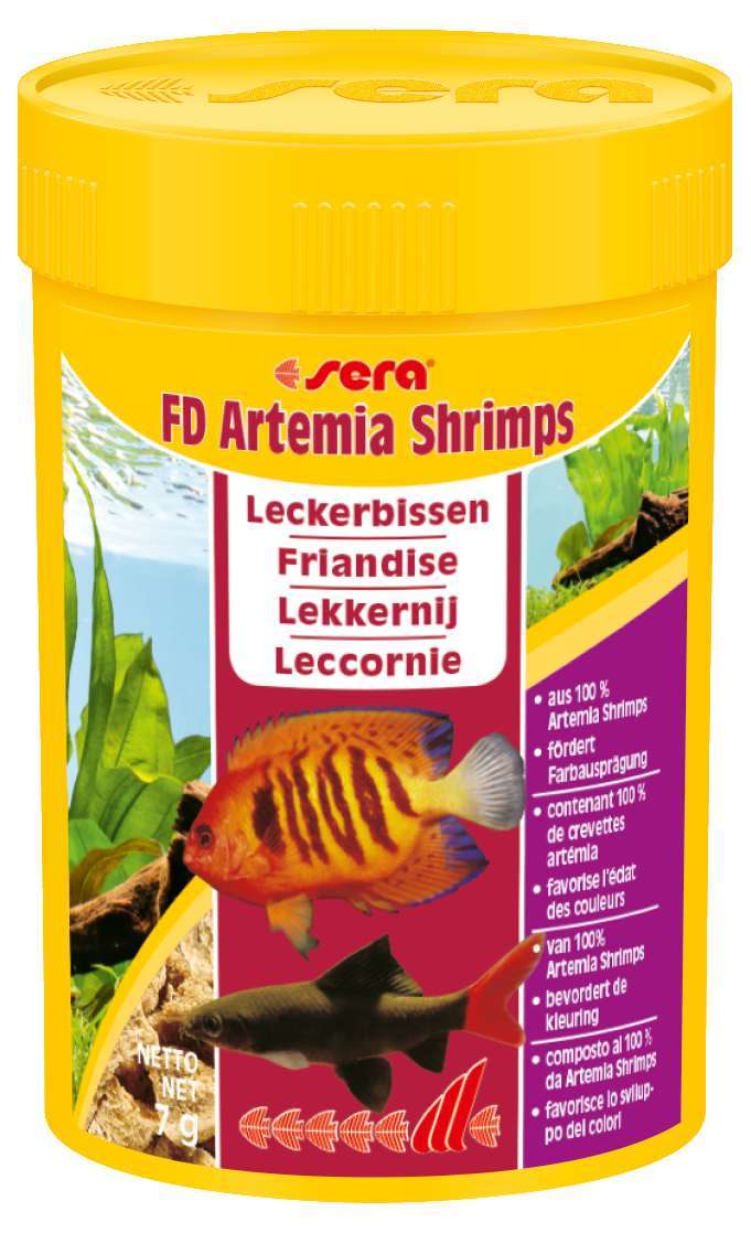 Sera FD Artemia Shrimps 100ml, lebendige Futterdelikatesse für Süßwasser- und Meerwasserfische, zeigt die Verpackung und das Futter.