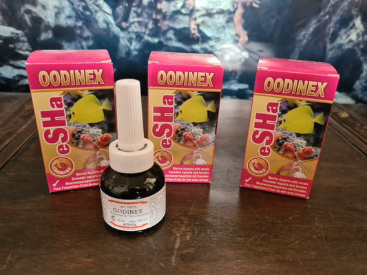 Drei Flaschen eSHa Oodinex 20ml für Salzwasseraquarien bis 800 Liter Meerwasser, zur Gesundheit von Meerwasseraquarien.