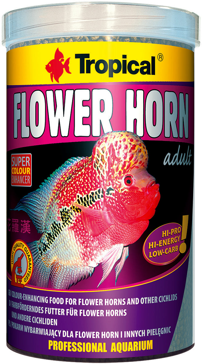 Tropical Flowerhorn Futter 500ml, speziell für erwachsene Flowerhorn- und Cichliden-Aquarienfische, mit bunten tropischen Blumenmotiven