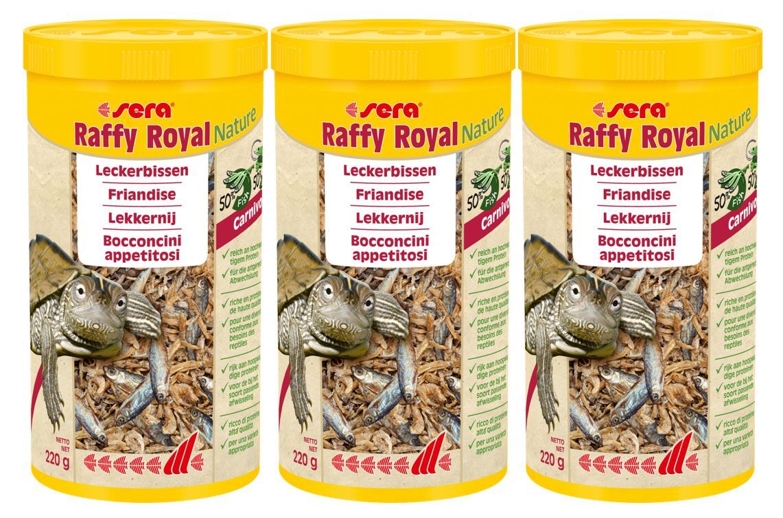 Sera Raffy Royal Nature 1000ml Leckerbissen für Carnivoren mit hochwertigem Protein, zeigt das Produkt in einer offenen Verpackung
