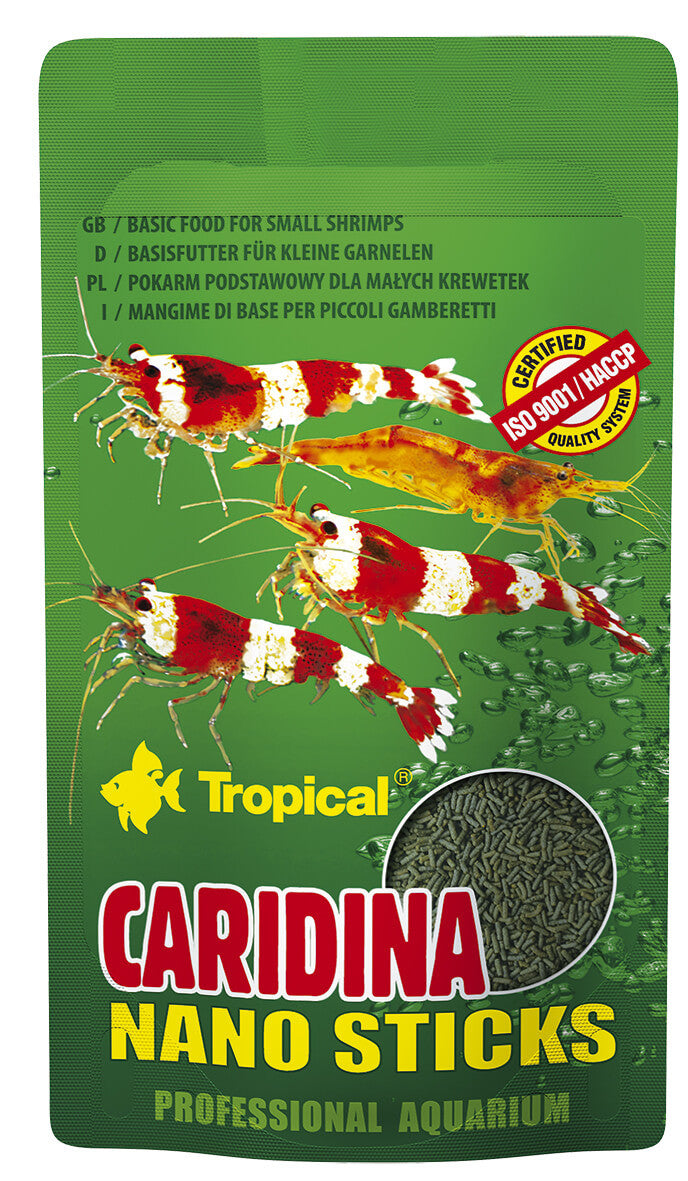 Tropical Caridina Nano Sticks Garnelenfutter für kleine Garnelen, 10g, mit frischem Fisch und Algen, auf einem weißen Hintergrund