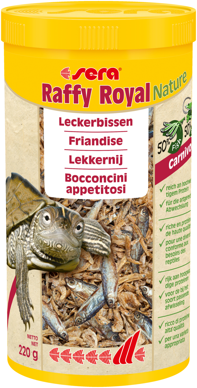 Sera Raffy Royal Nature 1000ml, hochwertiges proteinreiches Carnivor-Leckerbissen für Aquarienfische, in der Verpackung abgebildet