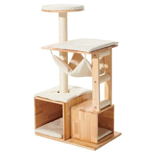 Katzen Kratzbaum "Ligno" von Nobby in Creme, 108 cm hoch, mit Spielplatz, Beschäftigungsmöglichkeiten und Katzenbett.