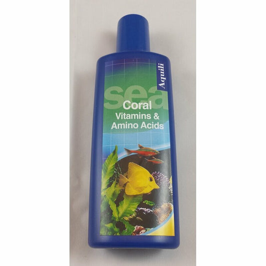Aquili Coral Vitamine & Aminos 125ml Flasche für Fische und wirbellose Meerestiere, Nahaufnahme der Produktflasche.